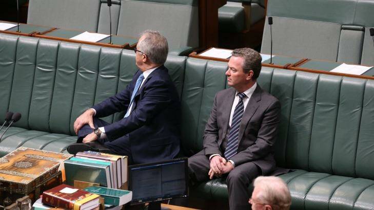 Malcolm Turnbull and Christopher Pyne listen to Warren Entsch introduce the private member's bill on marriage equality. Photo: Andrew Meares
