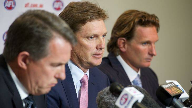 Flashback: Essendon's then chief executve Ian Robson, then president David Evans and James Hird in February 2013 Photo: Wayne Taylor