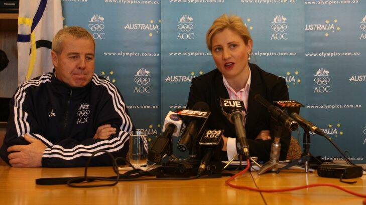 olympics  Mike Tancred Communications manager for the AOC and Fiona de Jong Director of Sport for the AOC announcing the Olympic team in Sydney yesterday  fri .  180708 Tim Clayton SMH Sport Photo: Tim Clayton 