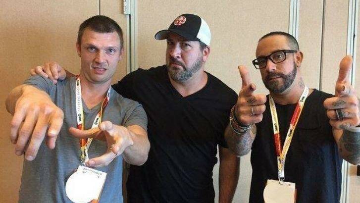 Nick Carter at Comic-Con this week with band mate A.J. McLean (R) and NSYNC's Joey Fatone, who are starring in Dead 7. Photo: Twitter