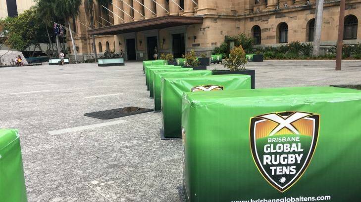 The temporary security barriers in King George Square were installed before Christmas. Photo: Cameron Atfield