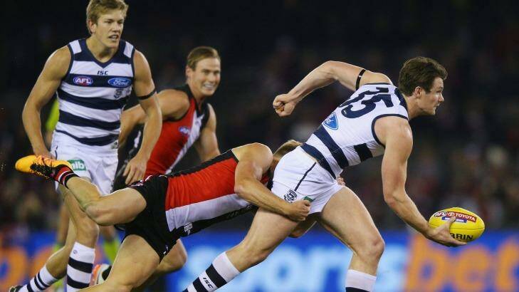 MELBOURNE, AUSTRALIA - JUNE 25:  Sebastian Ross of the Saints tackles Patrick Dangerfield of the Cats during the round 14 AFL match between the St Kilda Saints and the Geelong Cats at Etihad Stadium on June 25, 2016 in Melbourne, Australia.  (Photo by Michael Dodge/Getty Images) Photo: Michael Dodge