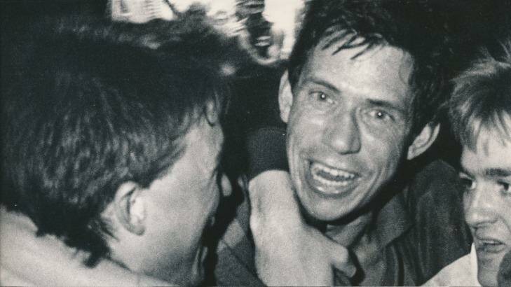 Demons Robert Flower and Todd Viney celebrate after the team won a place in the finals in the last round of 1987. Photo: Fairfax Photographic