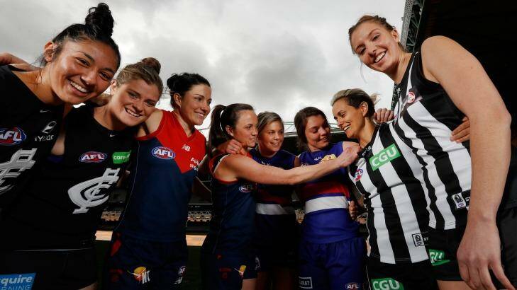 Marquee players Darcy Vescio and Briana Davey of the Blues, Demons Melissa Hickey and Daisy Pearce, Bulldogs Katie Brennan and Ellie Blackburn and Magpies Moana Hope and Emma King  Photo: AFL Media