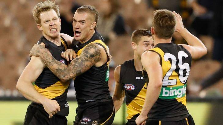 Jack Riewoldt and Dustin Martin celebrate a goal in the clash with Gold Coast in round 12. Photo: Getty Images/AFL Media
