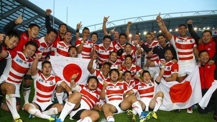 Cherry Blossoms: Japan players celebrate after defeating South Africa. Photo: Gallo Images