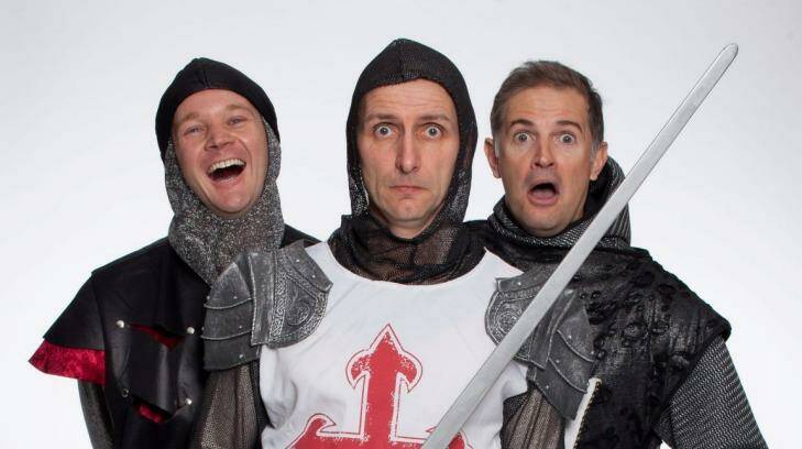 Frank Woodley (centre) with fellow Knights of the Round Table Steven Hirst and  Chris Kellett in Spamalot. Photo: Supplied