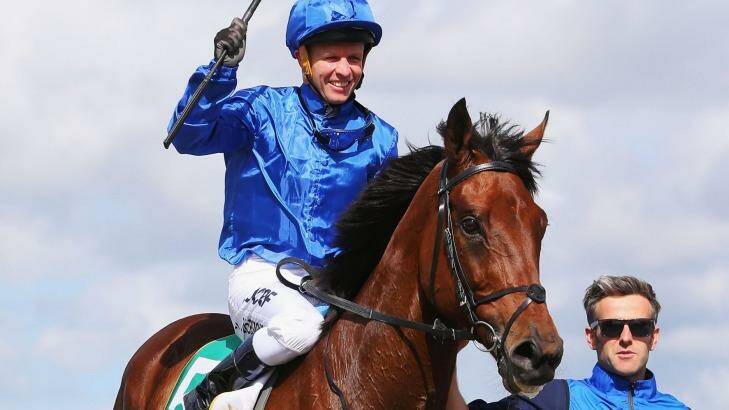  Kerrin McEvoy riding Qewy returns to scale after winning the Geelong Cup on Wednesday. Photo: Michael Dodge