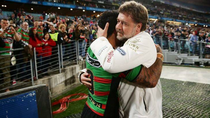 Punters have been offered odds on what Russell Crowe will wear to Sunday's NRL grand final, as well as how he might celebrate the Rabbitoh's first try. Photo: Matt King/Getty Images