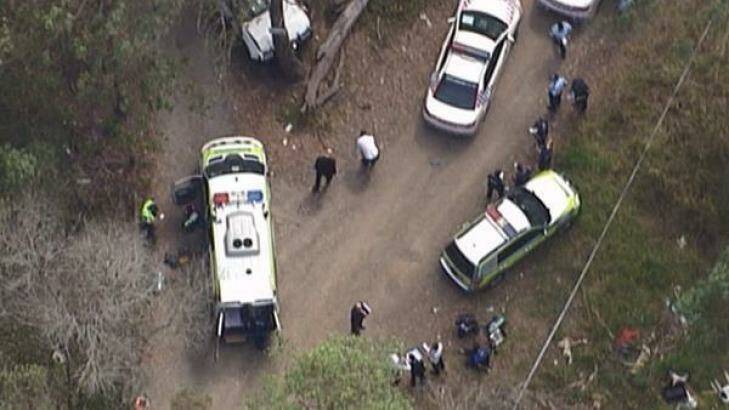 Police and emergency crews at the scene of a police shooting in Rochedale South. Photo: Nine News