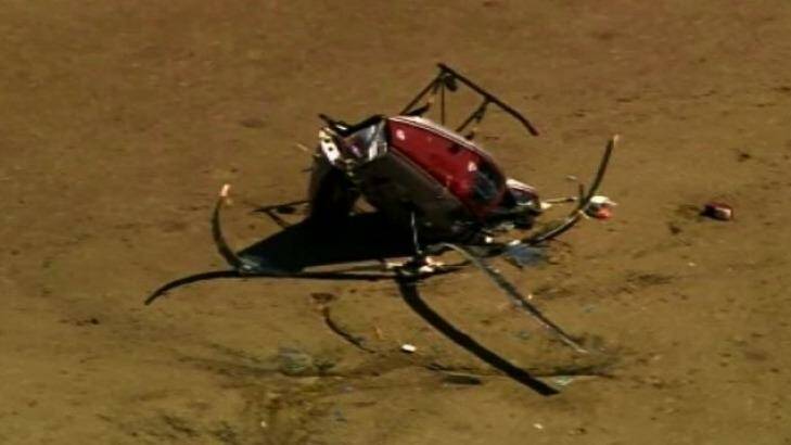 Wreckage of a chopper that crashed at Deception Bay. Photo: Nine News Brisbane
