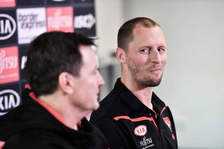 AFL- Essendon James Kelly announces his retirement, with coach John Worsfold. 16th August 2017 Fairfax Media The Age news Picture by Joe Armao