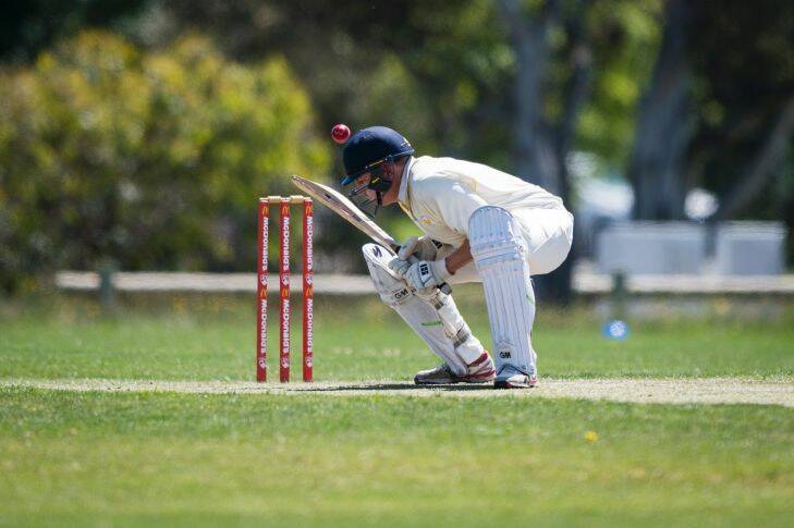 Cricket ACT Douglas cup North Canberra-Gungahlin Vs Tuggeranong 2017. Rob Ryan ducking the ball. Photo: Dion Georgopoulos