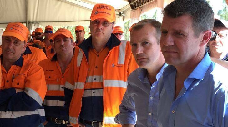 Premier Mike Baird and Planning Minister Rob Stokes hear from Drayton South miners during a visit in April 2015. Photo: Marina Neil
