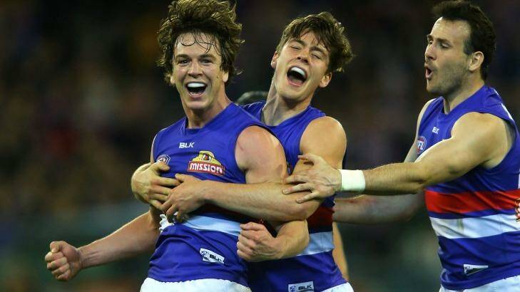 Liam Picken is delighted as the Western Bulldogs surge to victory. Photo: Pat Scala