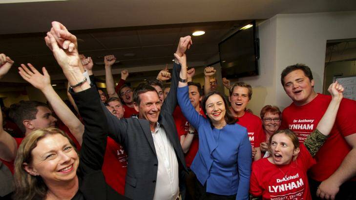 Labor's Dr Anthony Lynham celebrates a win in the Stafford by-election. Photo: Michelle Smith