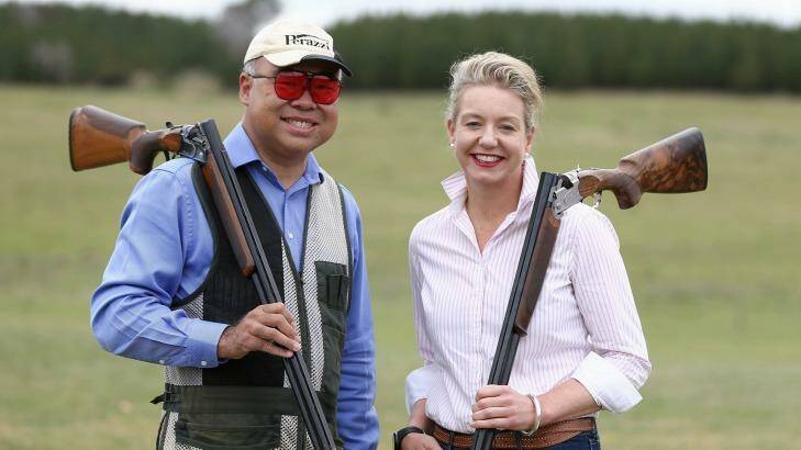 Liberal MP Ian Goodenough and Senator McKenzie at the Canberra International Clay Target Club. Photo: Alex Ellinghausen