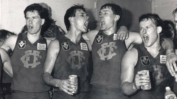 Fitzroy players celebrate after beating Sydney to reach the preliminary final in 1986.

Fitzroy players celebrate after beating Sydney to reach the preliminary finals.

From left, Craig McGrath, Scott McIvor, Grant Lawrie and Doug Barwick. Photo: File