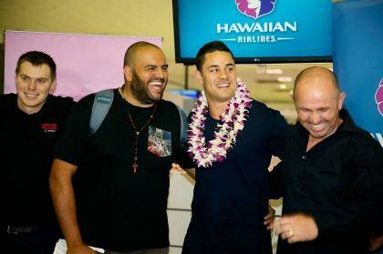 Friends in high places: Jarryd Hayne and co enjoy a lighter moment en route to the US. Photo: Michele Mossop