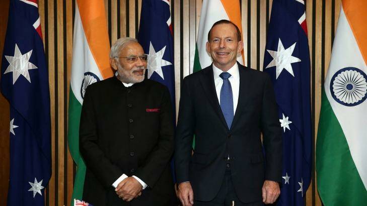 Indian Prime Minister Narendra Modi and Prime Minister Tony Abbott at Parliament House. Photo: Alex Ellinghausen
