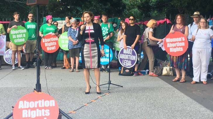 Deputy Premier Jackie Trad addresses pro-choice abortion activists at a recent rally in Brisbane. Photo: Felicity Caldwell