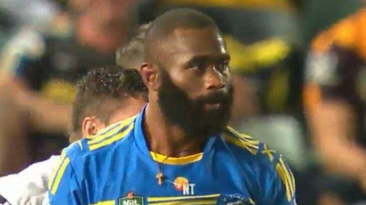 Parramatta winger Semi Radradra wearing his sister's necklace against Manly on Friday night. Photo: Channel Nine