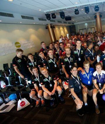 Players gather at the end of the AFL/AFLPA draftee induction camp at Etihad Stadium.
 Photo: AFLPA