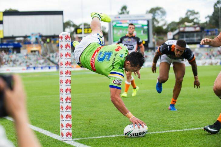 Canberra Raiders v Wests Tigers at Canberra Stadium.
Jordan Rapana Scores a try. Photo: Rohan Thomson
