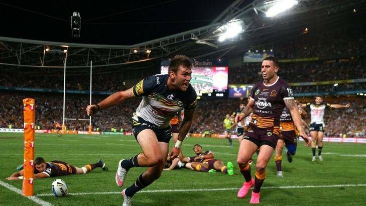 Moment of joy: Kyle Feldt scores the last-gasp try of the 2015 grand final. Photo: Cameron Spencer