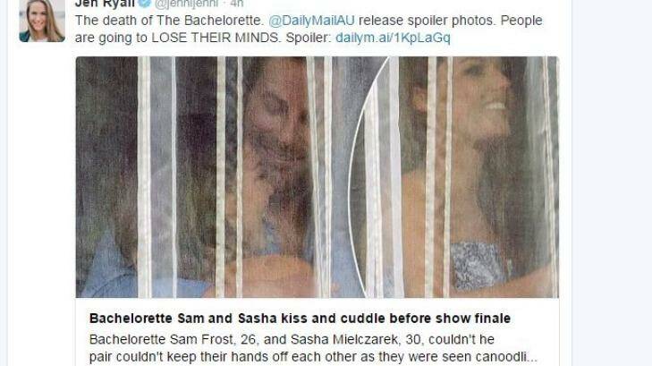 The story started circulating on Twitter, ruining The Bachelorette finale for many viewers. Photo: Twitter