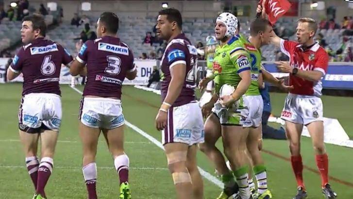 The week before Jack Wighton was charged with illegally touching linesman Brett Suttor. Photo: Fox Sports Screen Grab