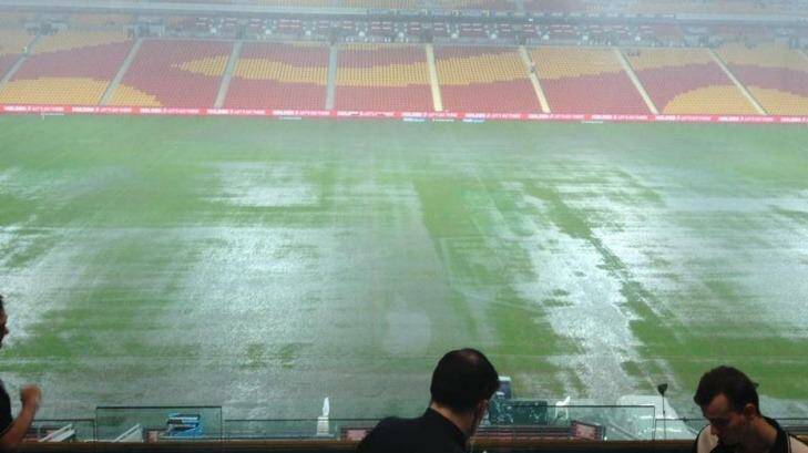 Waterlogged: The view from the press box at Suncorp Stadium. Photo: David Long