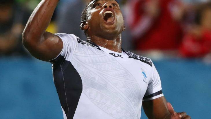 Leone Nakarawa of Fiji celebrates as he scores a try during the Men's Rugby Sevens Gold medal final match between Fiji and Great Britain. Photo: David Rogers