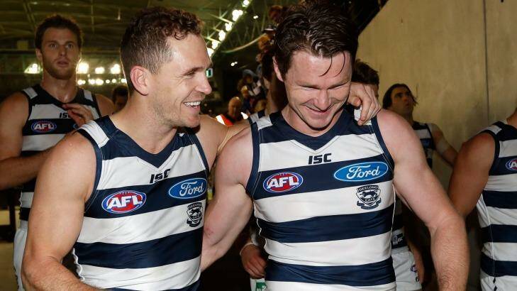 Celebrity couple: Joel Selwood and Patrick Dangerfield after the win over the Kangaroos. Photo: AFL Media