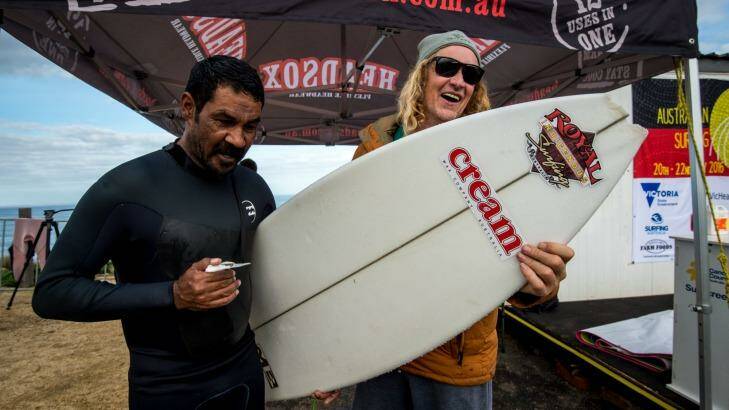Robbie Page, right, at the Australian Indigenous Surfing Titles at Bells Beach. Photo: Justin McManus