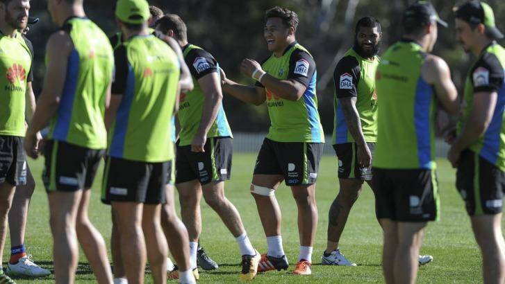All smiles: Josh Papalii trains with the Canberra Raiders on Tuesday after being named in the Australian Kangaroos team. Photo: Graham Tidy