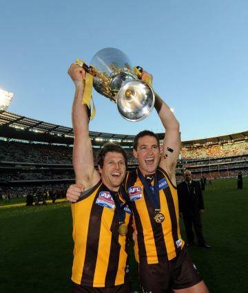 Celebrating his 2008 Premiership win with team mate Trent Croad.