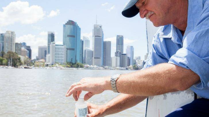 Healthy Waterways' Mark Davidson collects a sample on the Brisbane River. Photo: Tammy Law