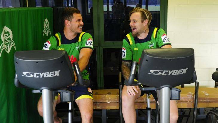 Injured Canberra Raiders players Aidan Sezer and Blake Austin have a laugh in rehab on Thursday. Photo: Melissa Adams 