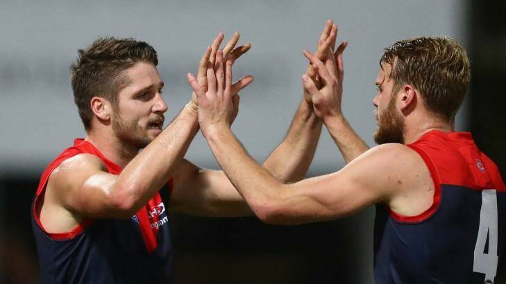 Demons Jesse Hogan and Jack Watts celebrate a goal in Darwin. Photo: Robert Cianflone