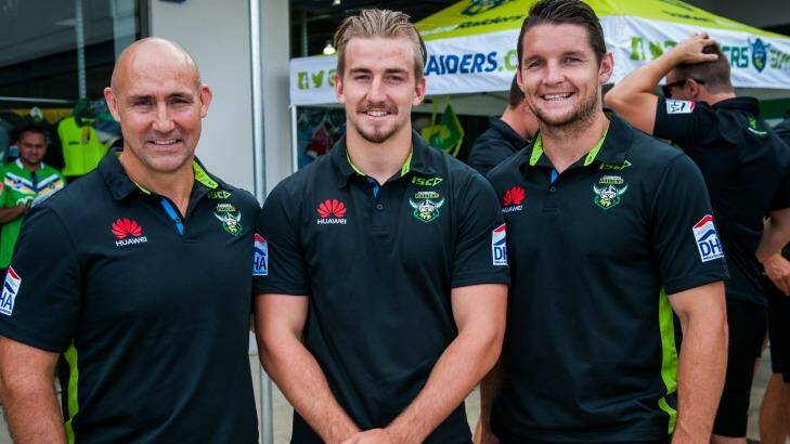 Raiders legend Jason Croker (left) with his nephew Lachlan Croker and captain Jarrod Croker (no relation). All three will play for the Raiders at the Auckland Nines. Photo: Elesa Kurtz