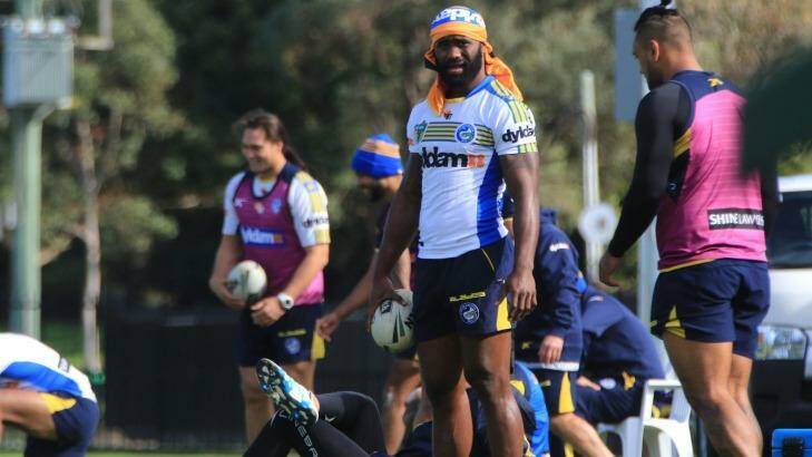 Centre of a storm: Semi Radradra training with the Parramatta Eels before this week's match against the Sharks. Photo: Kirk Gilmour