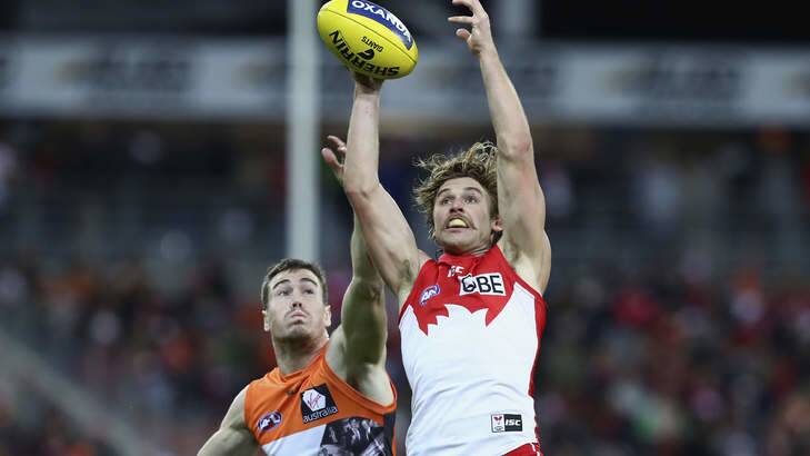 Jeremy Cameron of the Giants competes for the ball against Dane Rampe of the Swans at Spotless Stadium on June 12, 2016. Photo: Ryan Pierse