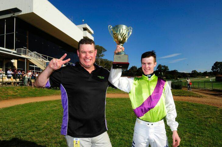 Sport: From left, Trainer Joe Cleary and Jockey John Kissick with horse Hudson Country take out the Queanbeyan Cup 2000 metres at the Queanbeyan Racing Club. 25th October 2015. Photo by Melissa Adams of The Canberra Times.