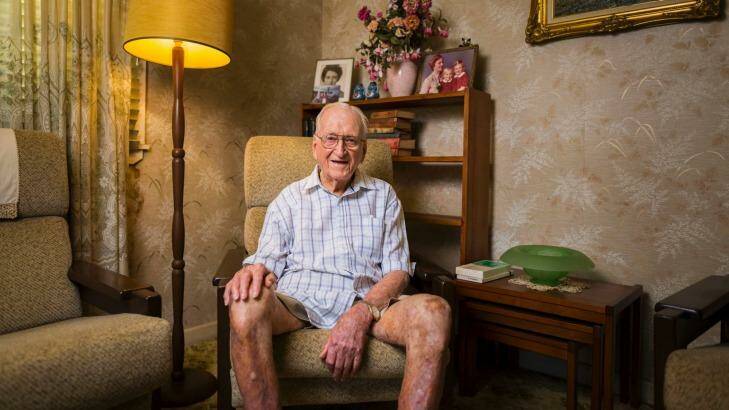 Centenarian Douglas Barker at his Coorparoo home, where he has lived for 55 years.  Photo: Glenn Hunt