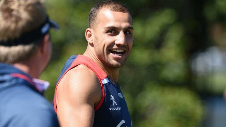 Blake Ferguson is all smiles at a Sydney Roosters training session ahead of Friday night's semi-final clash against Canterbury. Photo: Brendan Esposito