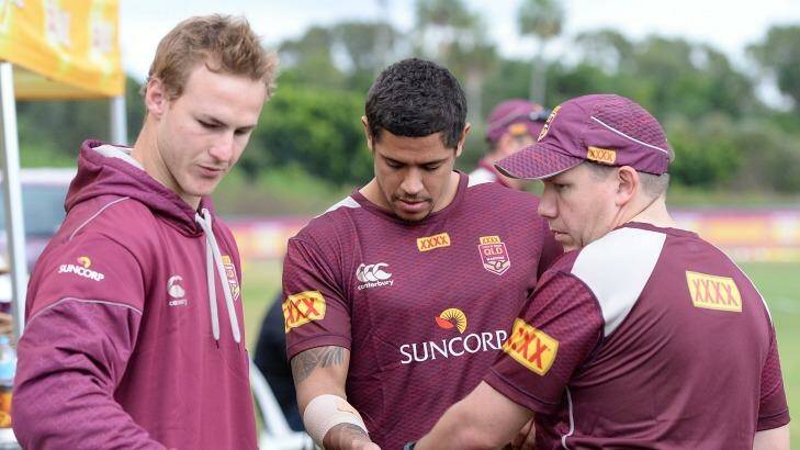 Serious business: Daly Cherry-Evans, left, and Dane Gagai, centre, at Maroons camp.  Photo: Bradley Kanaris