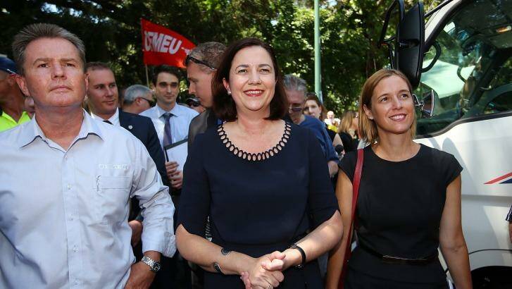 Queensland Premier Annastacia Palaszczuk takes part in the protest outside Parliament House. Photo: Chris Hyde