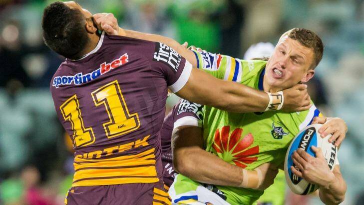 Jack Wighton tries to fend off Brisbane's Alex Glenn. Photo: Matt Bedford