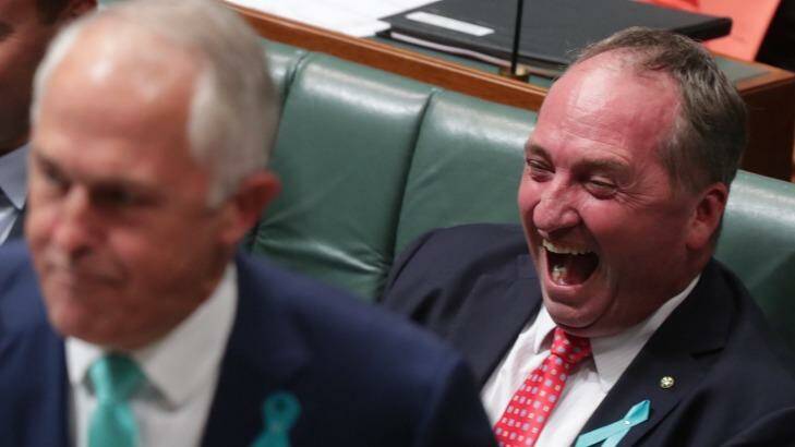 Deputy Prime Minister Barnaby Joyce laughs as Prime Minister Malcolm Turnbull attacks Opposition Leader Bill Shorten. Photo: Andrew Meares
